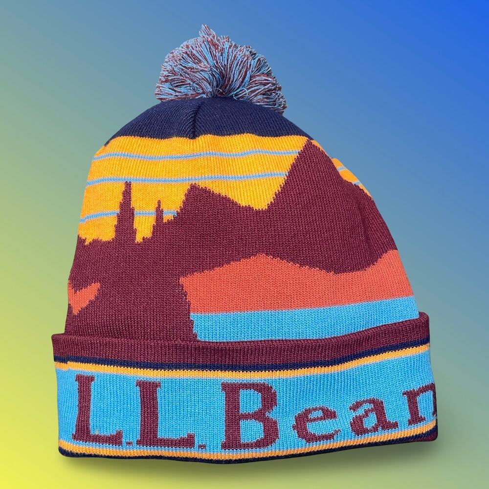 LL Bean Katahdin Pom Graphic Hat Beanie Sunset Mountain Winter OSFA 517957